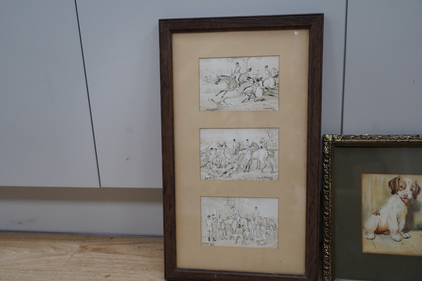 Harberte, set of three 19th century ink and washes, Hunting scenes, each signed and dated 1882, together with a watercolour study of a dog, monogrammed SCU and dated 1902, 14 x 11cm. Condition - fair